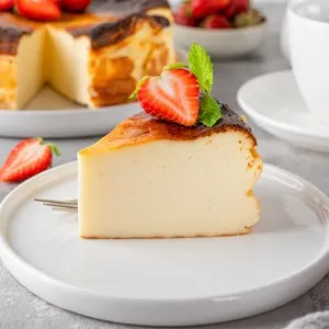 A piece of Basque burnt cheesecake or San Sebastian cheesecake with fresh strawberries on a white plate on a gray background.