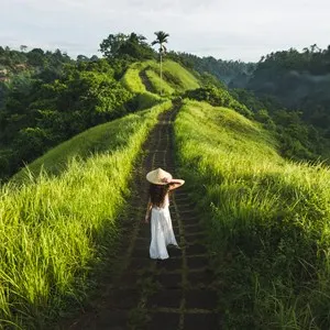 Young beautiful woman walking on Campuhan Ridge way of artists, in Bali, Ubud. Beautiful calm sunny morning