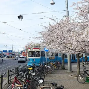 blue and white tram in Gothenburg, Sweden