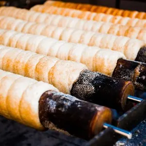 Trdelnik bakery on the street market in Prague, Czech Republic