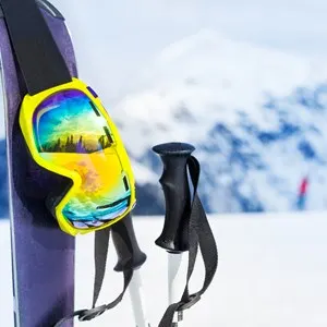 Ski with mask and pole, chairlift on background