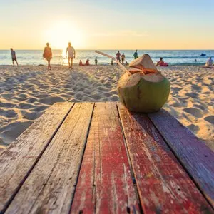 Coconut on the table at sunset beach