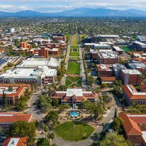 University of Arizona main campus aerial view including University Mall and Old Main Building in city of Tucson, Arizona
