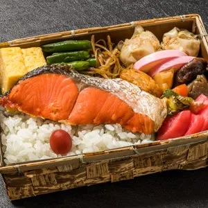 Lunch box of roasted salmon Japanese foods