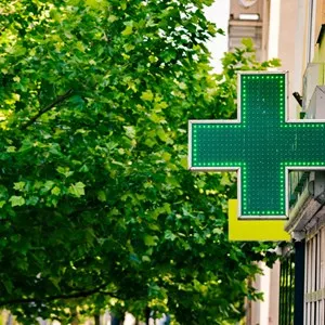 Green cross on the exterior wall