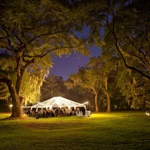 outdoor reception under tent and trees at night