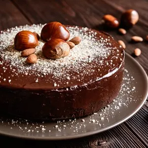 Delicious chestnut cake with almonds and chocolate glaze