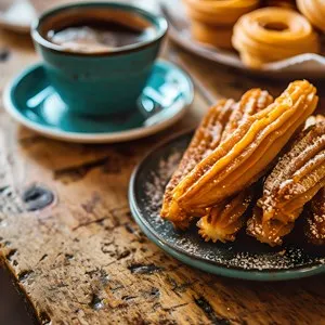 Churros served on a plate with chocolate dipping sauce