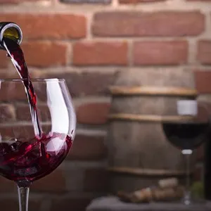 Glass of wine and some fruits, bottle of wine, cheese against a brick wall.
