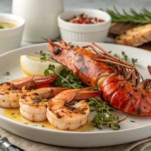 Gourmet seafood platter with grilled prawns and lobster on cedar planks with herb garnish