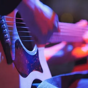 Musician in night club - guitarist plays blues acoustic guitar