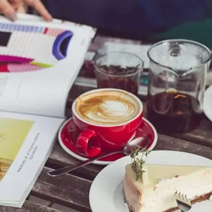 coffee, desserts and a magazine