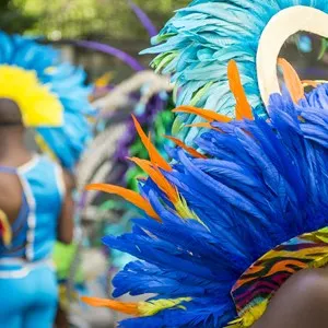 Group of dancers wearing colorful feathers costumes