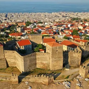 Aerial drone photo of iconic byzantine Eptapyrgio or Yedi Kule medieval fortress