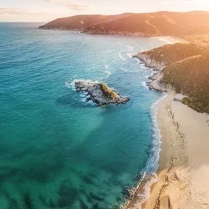 Scenic aerial view of one of the most iconic and popular beaches in the Halkidiki region - Kalamitsi on the Sithonia peninsula.