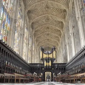 King's College Chapel, Cambridge. Interior seen from high altar, with the world's largest fan vault.