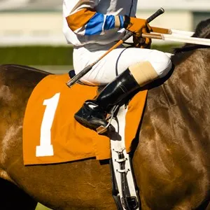 Jockey Rides Horse Along Track Preparing for Race Number One