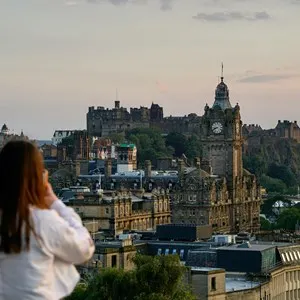 Central Edinburgh as viewed from Calton Hill. Tower of the Balmoral Hotel foreground below Castle Hill.