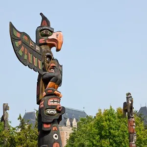 On Vancouver Island, British Columbia, a group of Totem poles made by indigenous people is found near the inner harbor in Victoria