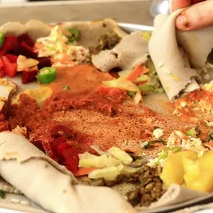 ethiopian food served on injera bread