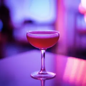 A single coupe glass filled with a vibrant red cocktail sits elegantly on a reflective surface