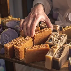 A woman master soap maker holds handmade honey soap in her hands