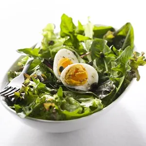Fresh mixed green salad with egg close up