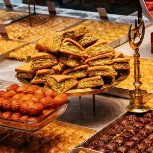 Baklava, pistachio desserts, and syrup-soaked treats. Rich colors and delicious textures.