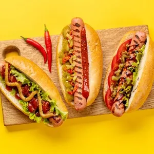 Various hot dog. Homemade hotdogs on cutting board