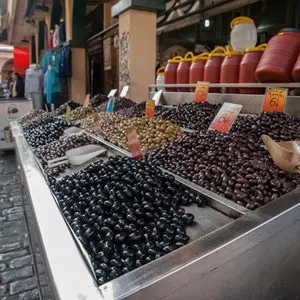 Various olives at the outdoor market in Thessaloniki
