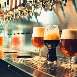Side view of young bartender pouring beer