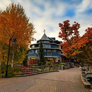Architecture in Whistler Village during peak fall foliage