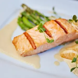 salmon with asparagus on a plate