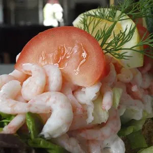 raw shrimp sandwich with sliced tomato and sliced lemon